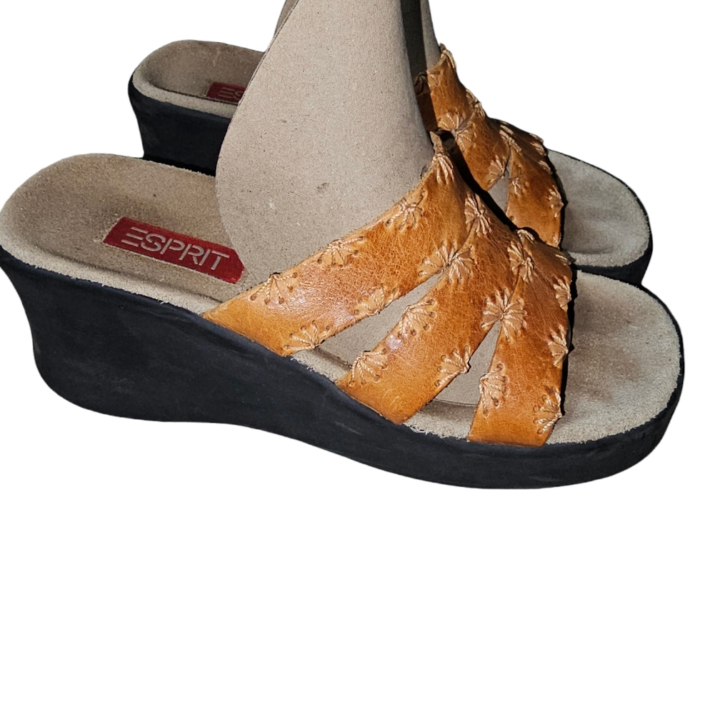 VTG Esprit Y2K Platform Chunky Sandals 8 mocha leather Made in Brazil 2.5" heel